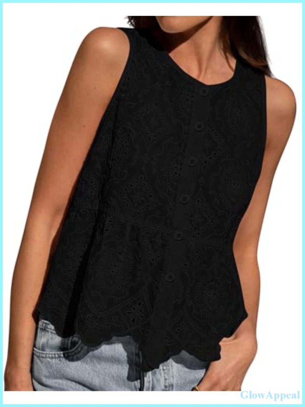 Women's Eyelet Embroidered Peplum Tank Top Cotton Sleeveless Button Down